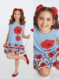 Kız Çocuk Çiçekli Elbise Mavi Gelincik İlkbahar Yaz Sezonu 4-10 Yaş - Denokids