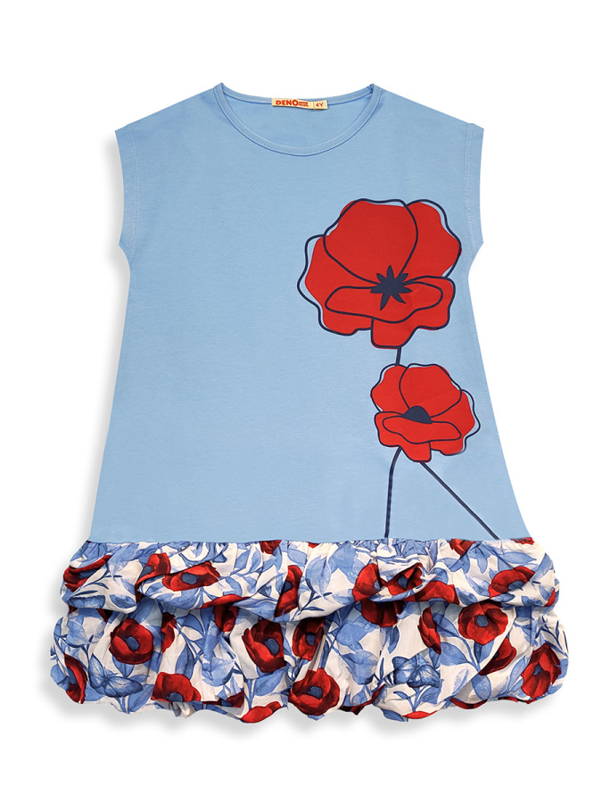 Kız Çocuk Çiçekli Elbise Mavi Gelincik İlkbahar Yaz Sezonu 4-10 Yaş - 3