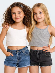 Kız Çocuk Crop Top 2'li Takım Askılı Gri Beyaz Crop Üst - Denokids