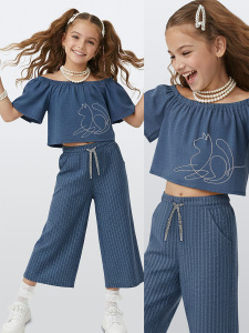 Kız Çocuk Takım Denim Görünümlü Bluz Pantolon Dokuma Yazlık 4-10 Yaş - Denokids