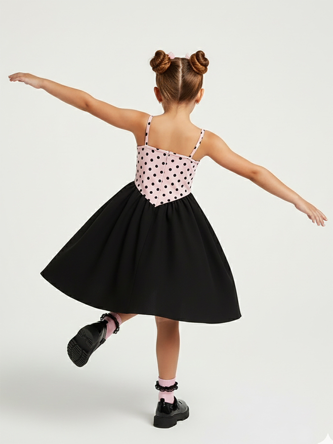 Kız Çocuk Elbise Pamuk Pembe Siyah Puantiyeli İlkbahar Yaz Sezonu 5-8 Yaş - 2