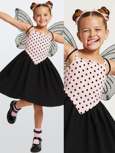 Kız Çocuk Elbise Pamuk Pembe Siyah Puantiyeli İlkbahar Yaz Sezonu 5-8 Yaş - Denokids