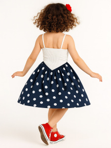 Kız Çocuk Elbise Pamuk Poplin Lacivert Beyaz Puantiyeli İlkbahar Yaz Sezonu 5-8 Yaş - 2