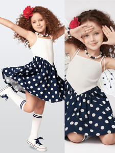 Kız Çocuk Elbise Pamuk Poplin Lacivert Beyaz Puantiyeli İlkbahar Yaz Sezonu 5-8 Yaş - Denokids