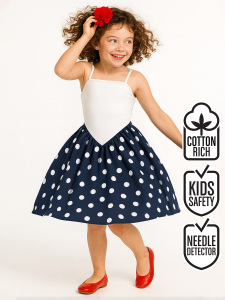 Kız Çocuk Elbise Pamuk Poplin Lacivert Beyaz Puantiyeli İlkbahar Yaz Sezonu 5-8 Yaş - Denokids