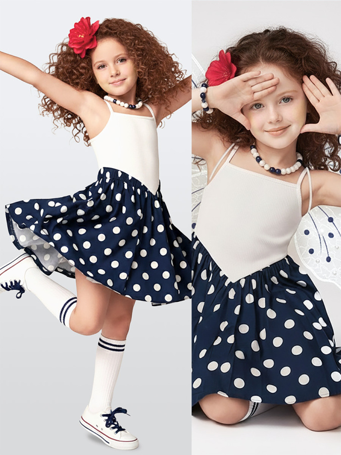 Kız Çocuk Elbise Pamuk Poplin Lacivert Beyaz Puantiyeli İlkbahar Yaz Sezonu 5-8 Yaş - 1