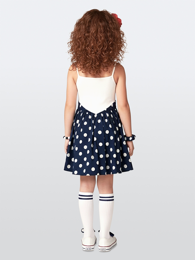 Kız Çocuk Elbise Pamuk Poplin Lacivert Beyaz Puantiyeli İlkbahar Yaz Sezonu 5-8 Yaş - 2