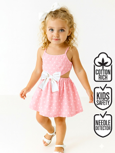 Kız Çocuk Elbise Pamuk Poplin Pembe Beyaz Puantiyeli Büyük Fiyonk Detaylı İlkbahar Yaz Sezonu 4-8 Yaş - Denokids