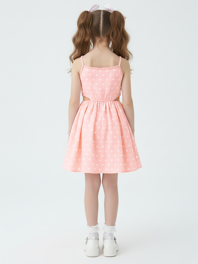 Kız Çocuk Elbise Pamuk Poplin Pembe Beyaz Puantiyeli Büyük Fiyonk Detaylı İlkbahar Yaz Sezonu 4-8 Yaş - 2