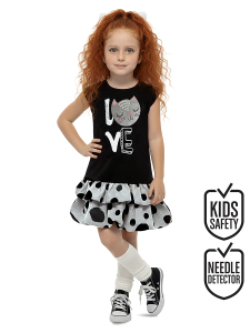 Kız Çocuk Elbise Siyah Kedi İlkbahar Yaz Sezonu 4-10 Yaş - Denokids