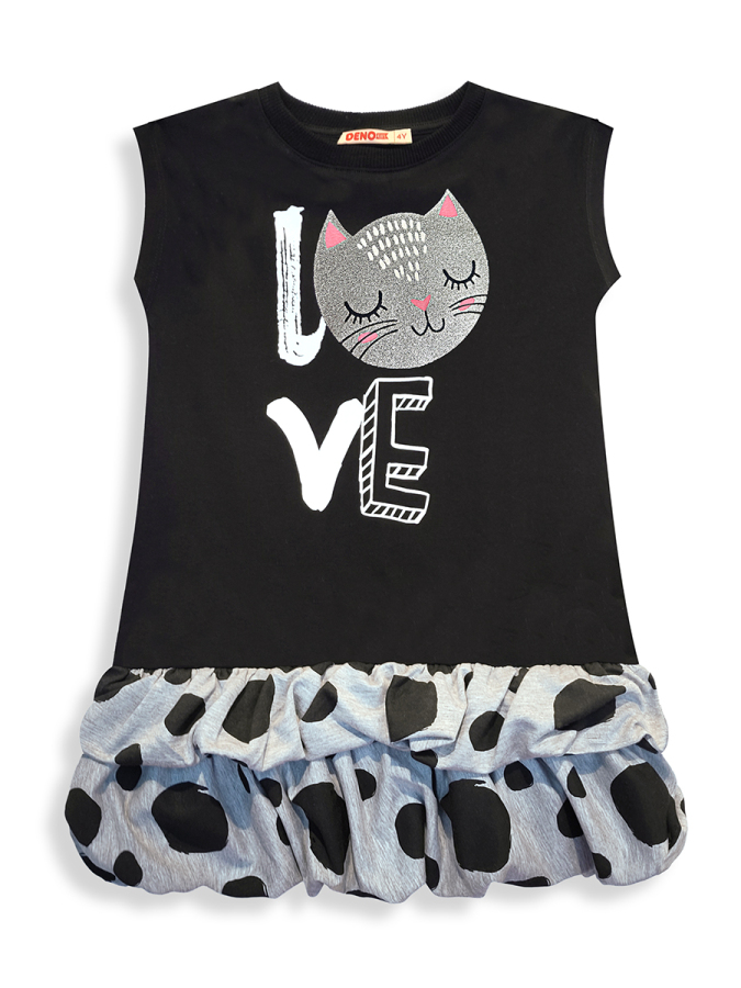 Kız Çocuk Elbise Siyah Kedi İlkbahar Yaz Sezonu 4-10 Yaş - 3