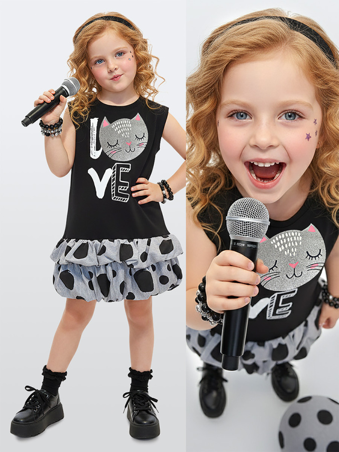 Kız Çocuk Elbise Siyah Kedi İlkbahar Yaz Sezonu 4-10 Yaş - 1