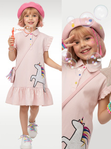 Kız Çocuk Elbise Unicorn Aplikeli %100 Pamuk Gömlek Stil Elbise 4-9 Yaş - Denokids