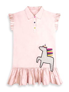 Kız Çocuk Elbise Unicorn Aplikeli %100 Pamuk Gömlek Stil Elbise 4-9 Yaş - 4