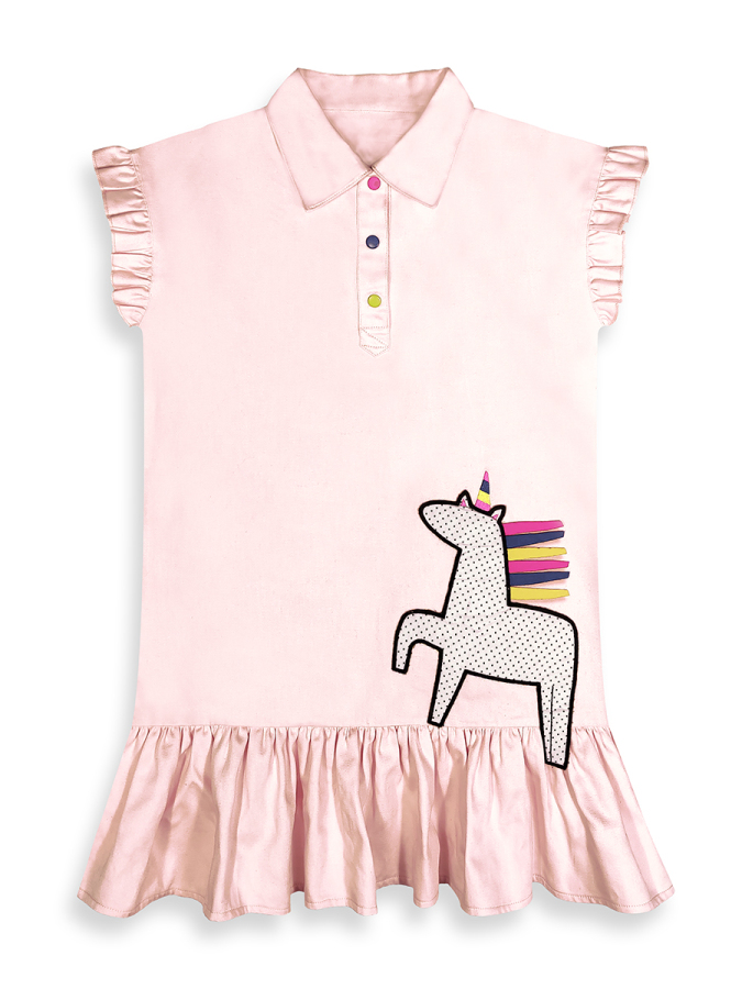 Kız Çocuk Elbise Unicorn Aplikeli %100 Pamuk Gömlek Stil Elbise 4-9 Yaş - 4