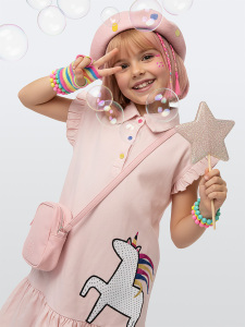 Kız Çocuk Elbise Unicorn Aplikeli %100 Pamuk Gömlek Stil Elbise 4-9 Yaş - Denokids
