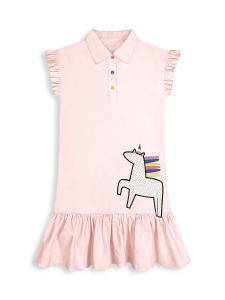 Kız Çocuk Elbise Unicorn Aplikeli %100 Pamuk Gömlek Stil Elbise 4-9 Yaş - 5
