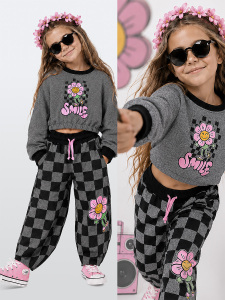 Kız Çocuk Eşofman Takım Crop Sweatshirt - Damalı Bol Eşofman Altı Oversize Kışlık (4-10 Yaş) - Denokids