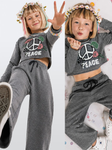 Kız Çocuk Eşofman Takım Crop Sweatshirt - İspanyol Paça Eşofman Altı (7-12 Yaş) - Denokids