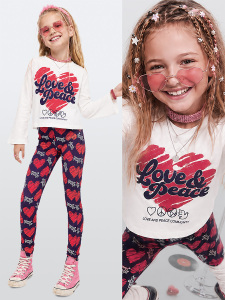 Kız Çocuk İkili Tayt Takım Kalpli Pamuklu T-shirt ve Tayt Eğlenceli Tasarım (5-10 Yaş) - Denokids