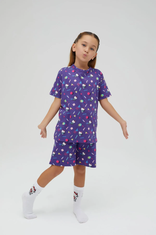 Kız Çocuk Kısa Kollu Şortlu Pamuklu Pijama Takımı - 1