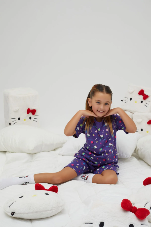 Kız Çocuk Kısa Kollu Şortlu Pamuklu Pijama Takımı - 7