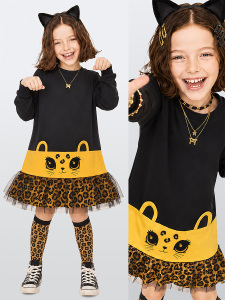 Kız Çocuk Leopar Aplikeli Tüllü Pamuklu Elbise – Siyah Uzun Kollu Rahat Şık Tasarım (3-8 Yaş) - Denokids