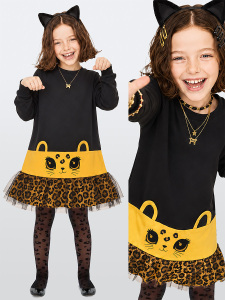 Kız Çocuk Leopar Aplikeli Tüllü Pamuklu Elbise – Siyah Uzun Kollu Rahat Şık Tasarım (3-8 Yaş) - Denokids