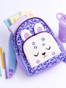 Kız Çocuk Okul Çantası Peluş Leopar Cepli 3 Bölmeli – Su İtici Kumaş - 6
