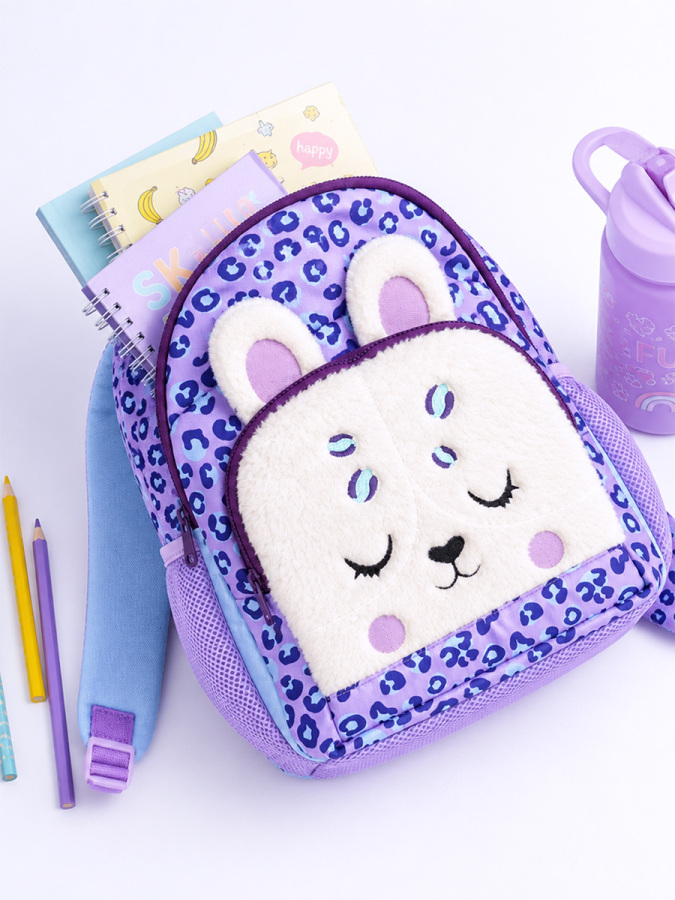 Kız Çocuk Okul Çantası Peluş Leopar Cepli 3 Bölmeli – Su İtici Kumaş - 6