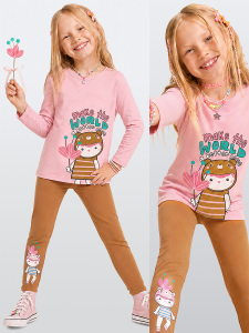 Kız Çocuk Pamuklu Uzun Kollu T-shirt & Tayt Takımı – Sevimli Karakter Baskılı (2-8 Y) - Denokids