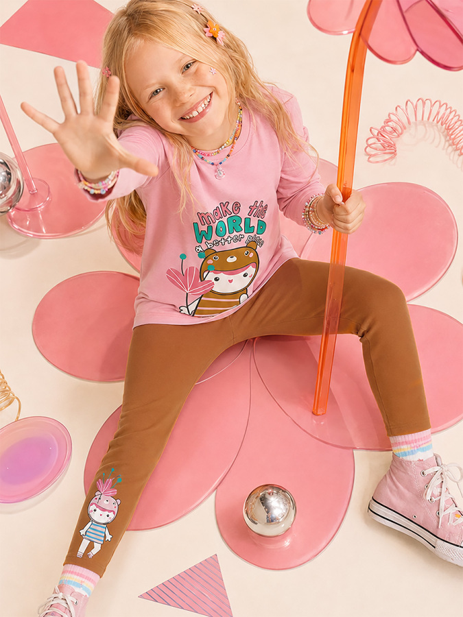 Kız Çocuk Pamuklu Uzun Kollu T-shirt & Tayt Takımı – Sevimli Karakter Baskılı (2-8 Y) - 7
