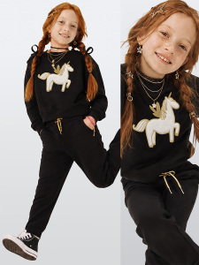 Kız Çocuk Peluş Unicorn %100 Panuk Kalın Siyah Eşofman Takım – Eğlenceli Tasarım (3-8 Yaş) - Denokids