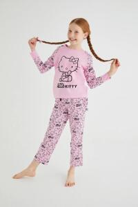 Kız Çocuk Pembe Kız Uzun Kol Pamuklu Pijama Takımı - Hello Kitty