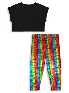 Kız Çocuk Renkli Takım Baskılı Crop Top & Varak Tayt İlkbahar Yaz 5-10 Yaş - 5