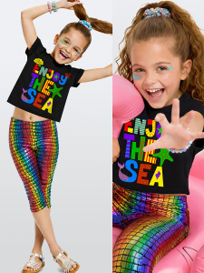 Kız Çocuk Renkli Takım Baskılı Crop Top & Varak Tayt İlkbahar Yaz 5-10 Yaş - Denokids