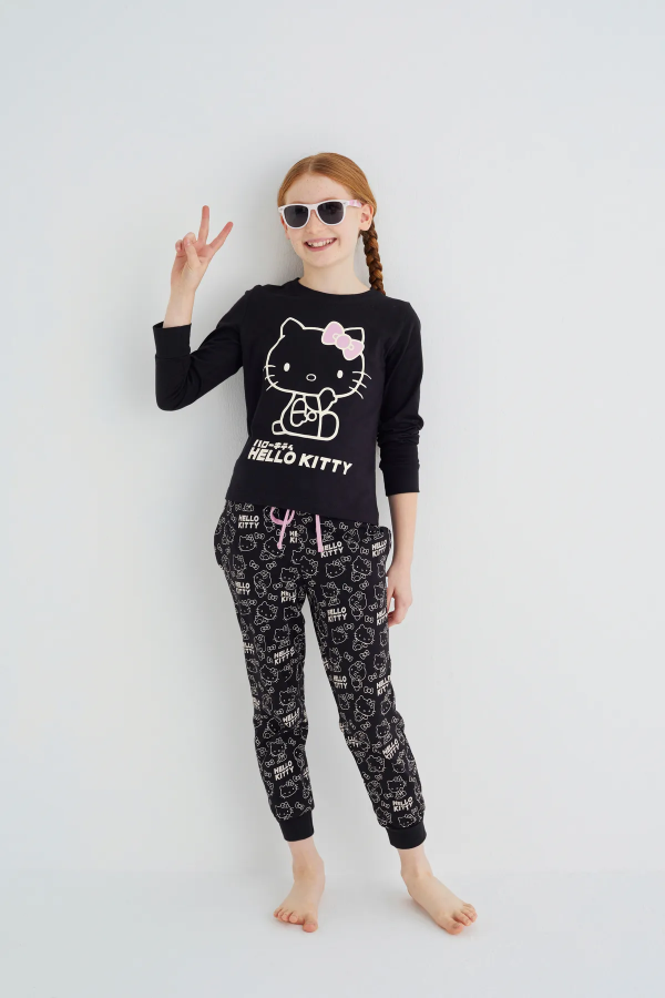 Kız Çocuk Siyah Kız Uzun Kol Pamuklu Pijama Takımı - 4