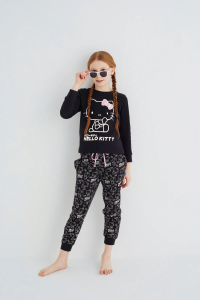 Kız Çocuk Siyah Kız Uzun Kol Pamuklu Pijama Takımı - Hello Kitty