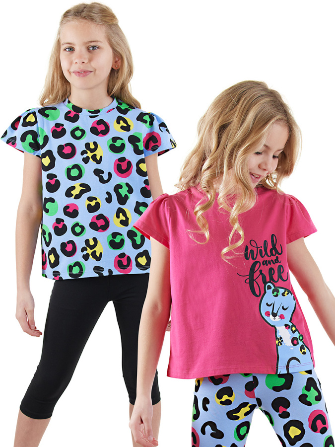 Kız Çocuk Siyah Leopar 2'li T-shirt Takım - 1
