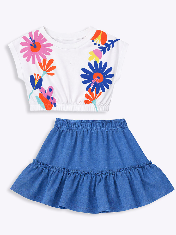 Kız Çocuk Takım Çiçekli Crop Top Etek Takım İlkbahar Yaz 4-10 Yaş - 4