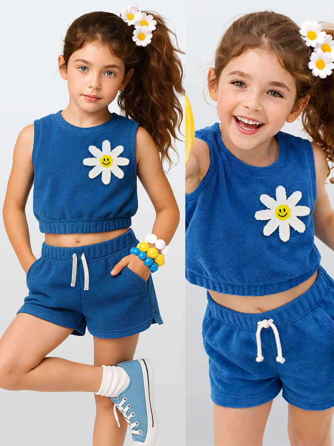 Kız Çocuk Takım Papatya Çiçekli Havlu Kumaş Crop Top Şort Takım İlkbahar Yaz 4-10 Yaş - 1