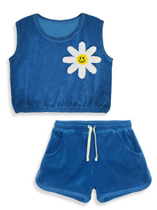 Kız Çocuk Takım Papatya Çiçekli Havlu Kumaş Crop Top Şort Takım İlkbahar Yaz 4-10 Yaş - 4