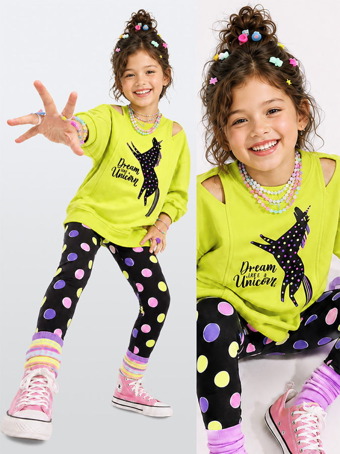 Kız Çocuk Takım Unicorn Sweatshirt - Puantiye Tayt Takım (4-10 Yaş) - 1