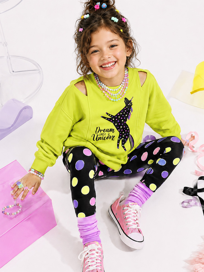 Kız Çocuk Takım Unicorn Sweatshirt - Puantiye Tayt Takım (4-10 Yaş) - 6