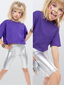 Kız Çocuk Tayt Gümüş Gri Parlak Metalik Disco Tayt Dizüstü Varak Kumaş - Denokids