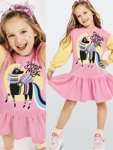 Kız Çocuk Unicorn Baskılı Pamuklu Elbise – Pembe Renkli Kollu Rahat ve Eğlenceli Tasarım (3-8 Yaş) - Denokids