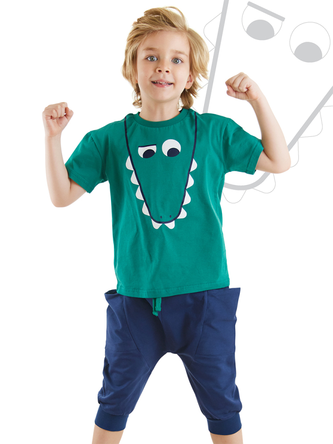Komik Timsah Erkek Çocuk Yazlık T-shirt Cepli Kapri Şort Takım - 1