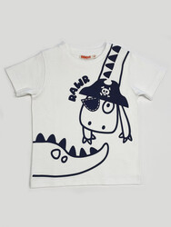 Korsan Dino Pamuklu Penye Erkek Çocuk Beyaz T-shirt - Thumbnail