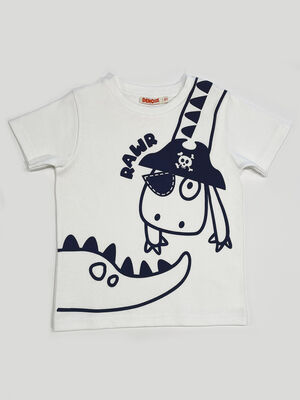 Korsan Dino Pamuklu Penye Erkek Çocuk Beyaz T-shirt