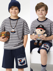 Erkek Çocuk Takım Çizgili T-Shirt Korsan Şort Yazlık Takım - Denokids